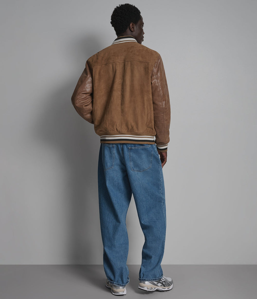 Wade camel suede varsity jacket, back view — OX & ARMOUR