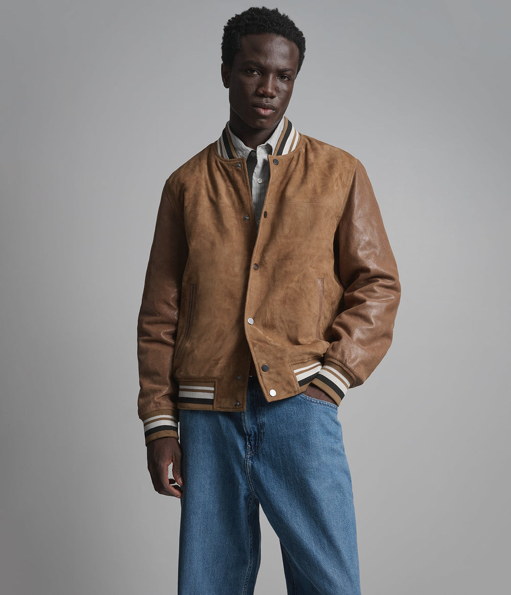 Wade camel suede varsity jacket, detail view — OX & ARMOUR