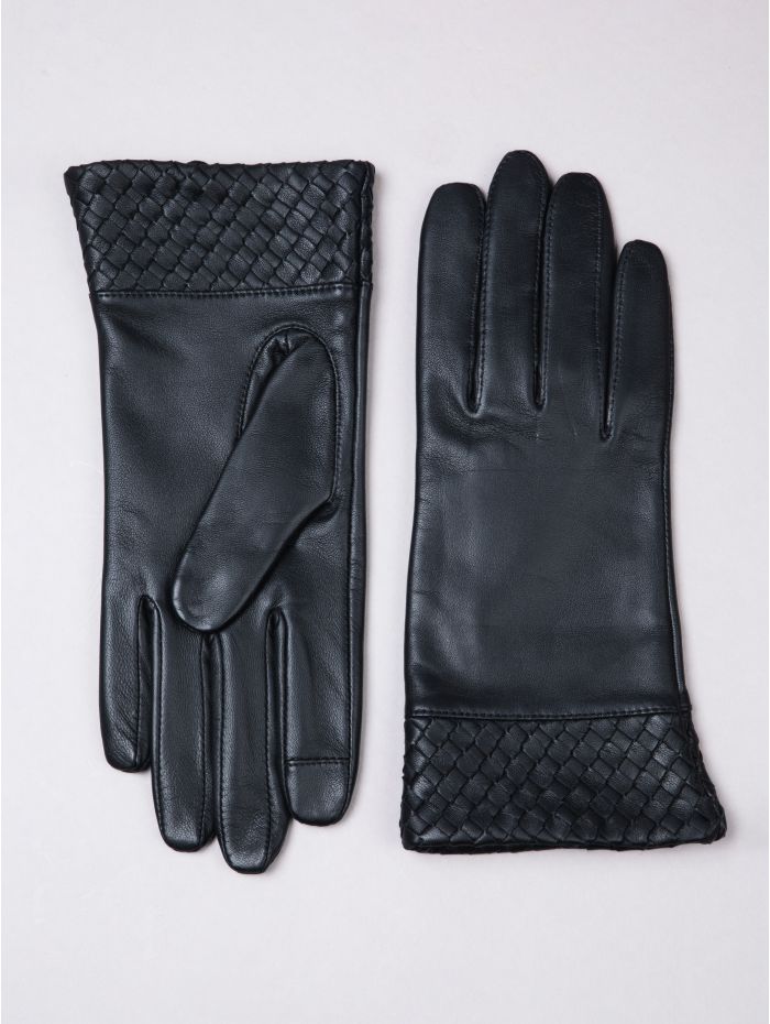 Willow black leather gloves with woven cuff, front view — OX & ARMOR