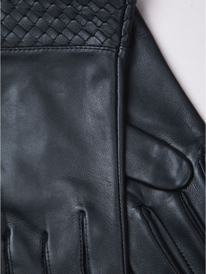 Willow black leather gloves with woven cuff, detail — OX & ARMOR