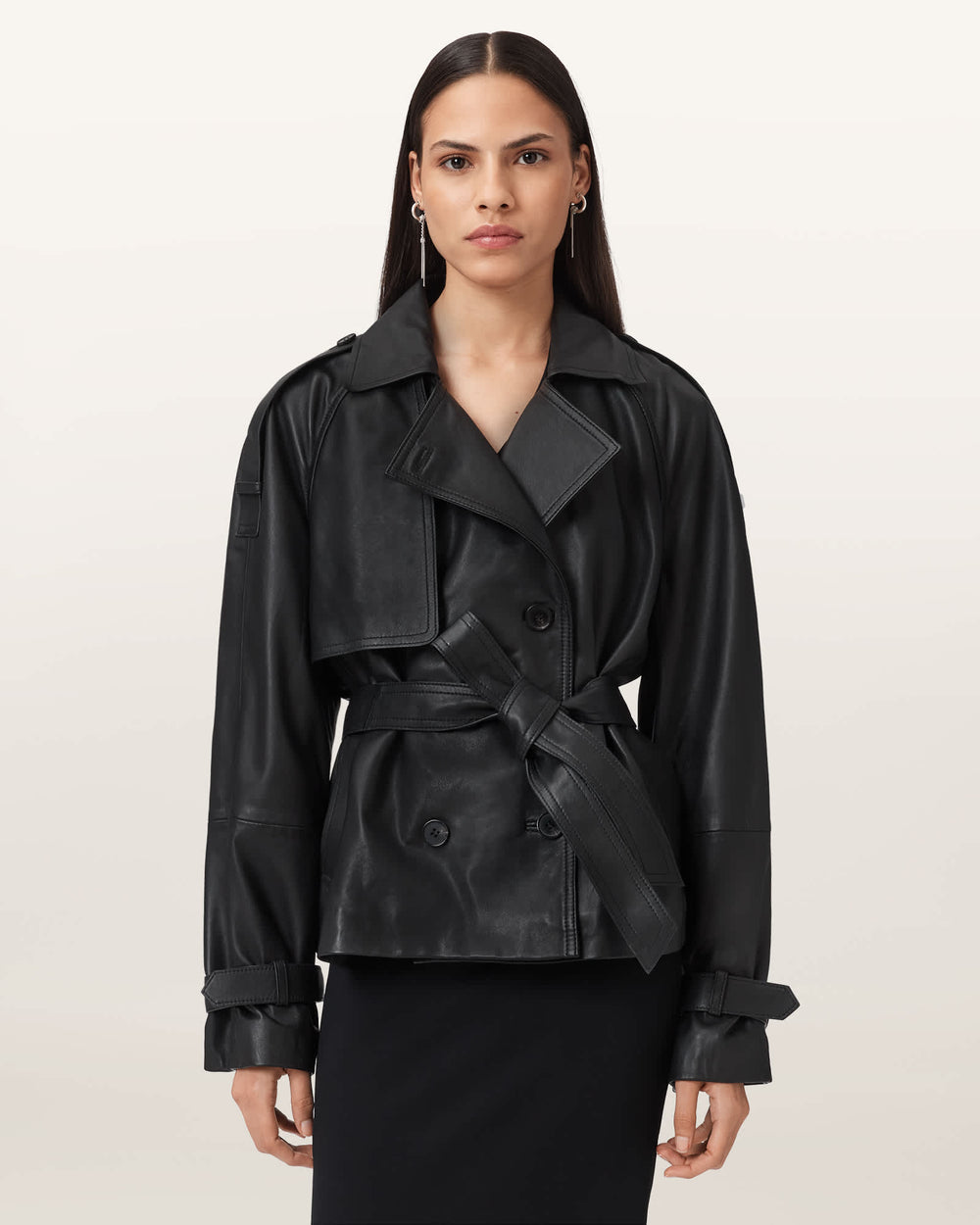 Wren black cropped leather trench coat, front view — OX & ARMOR