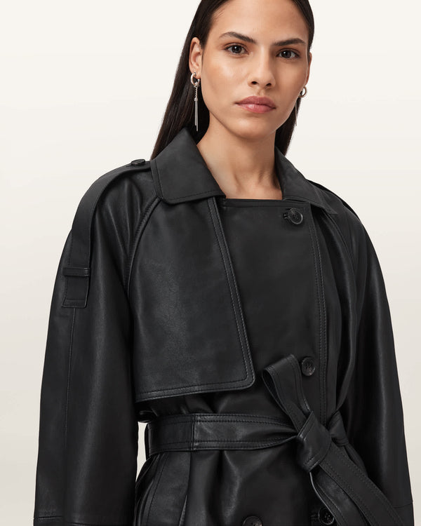 Wren Black Cropped Leather Trench Coat