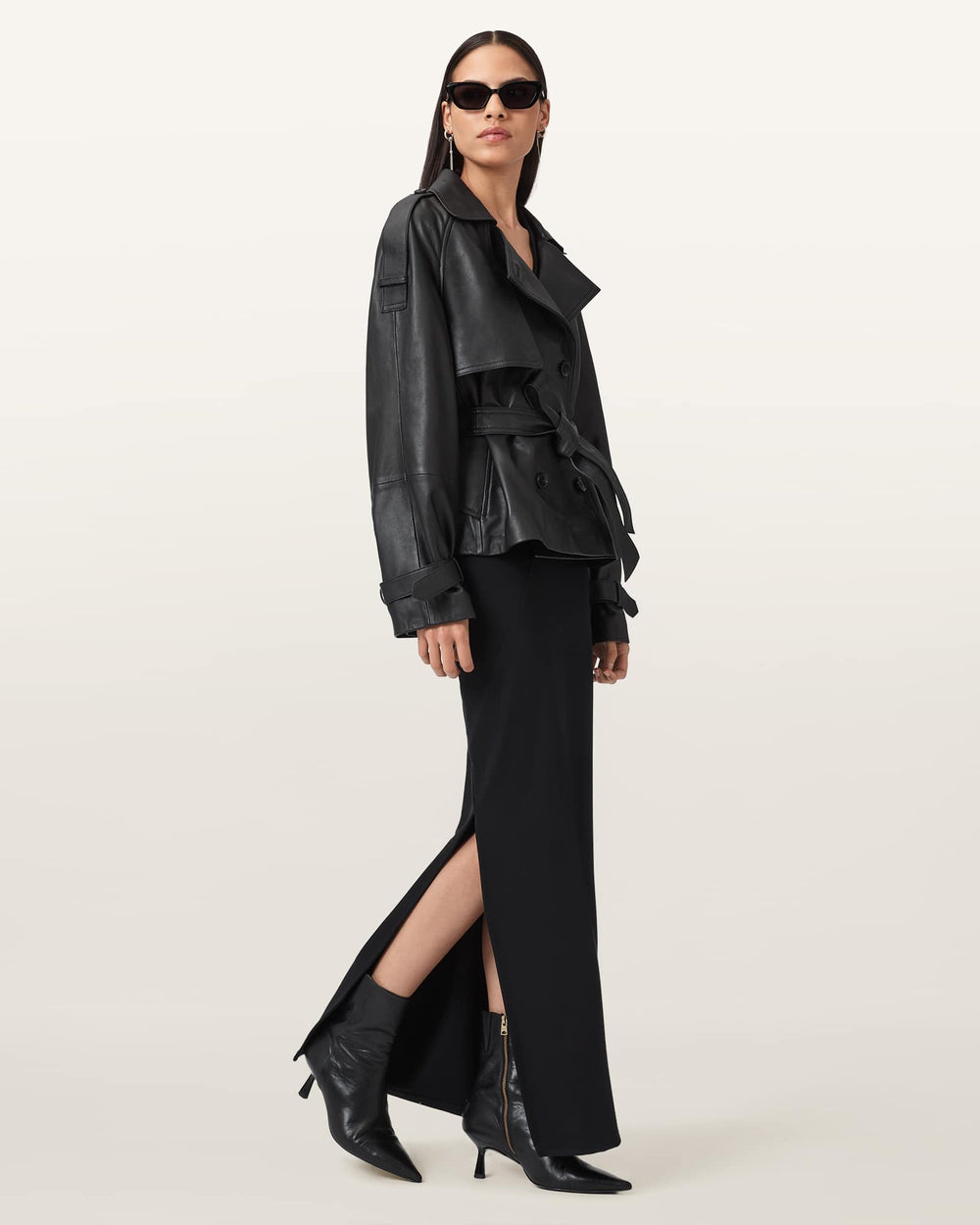 Wren black cropped leather trench coat, back view — OX & ARMOR