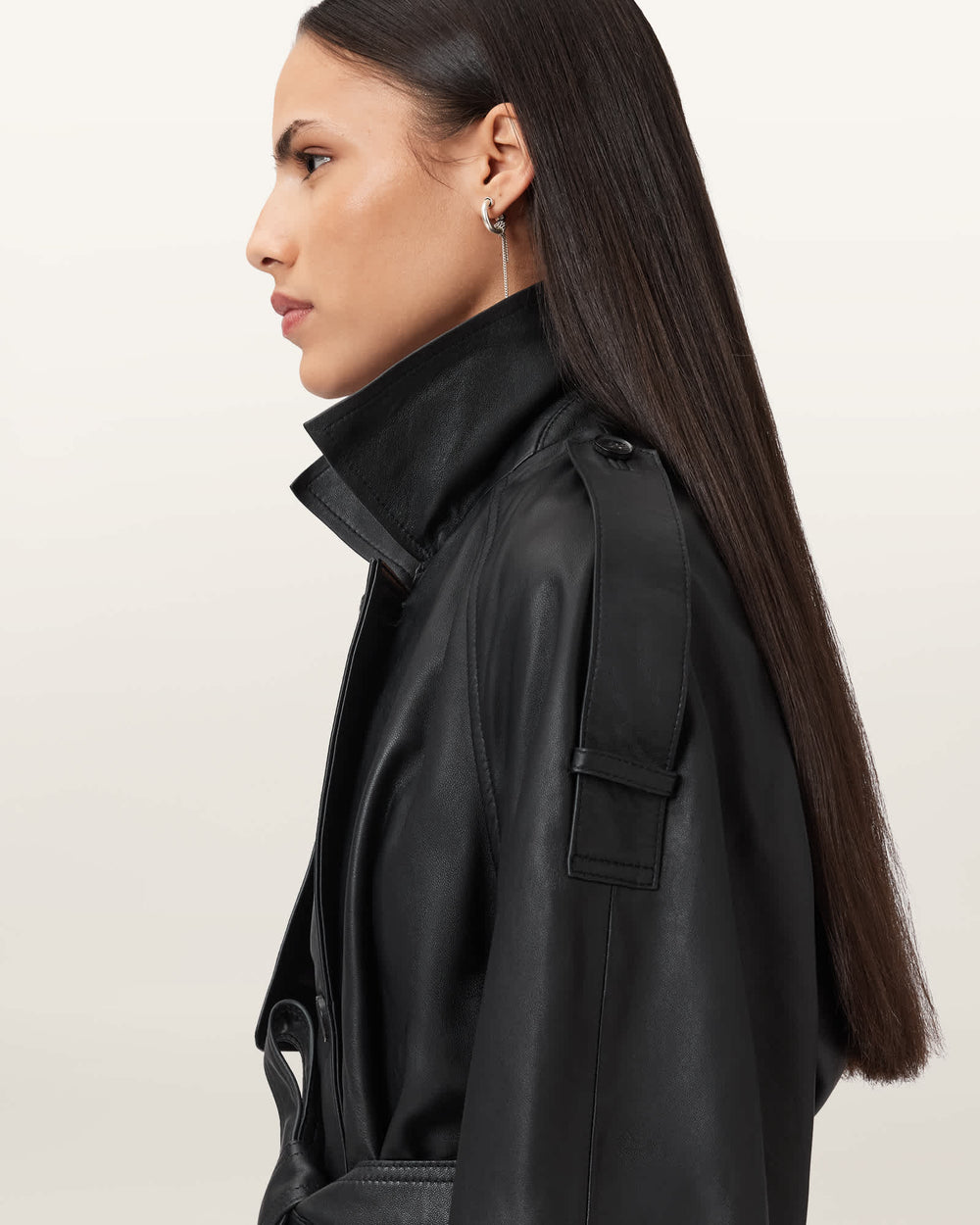 Wren black cropped leather trench coat, detail view — OX & ARMOR